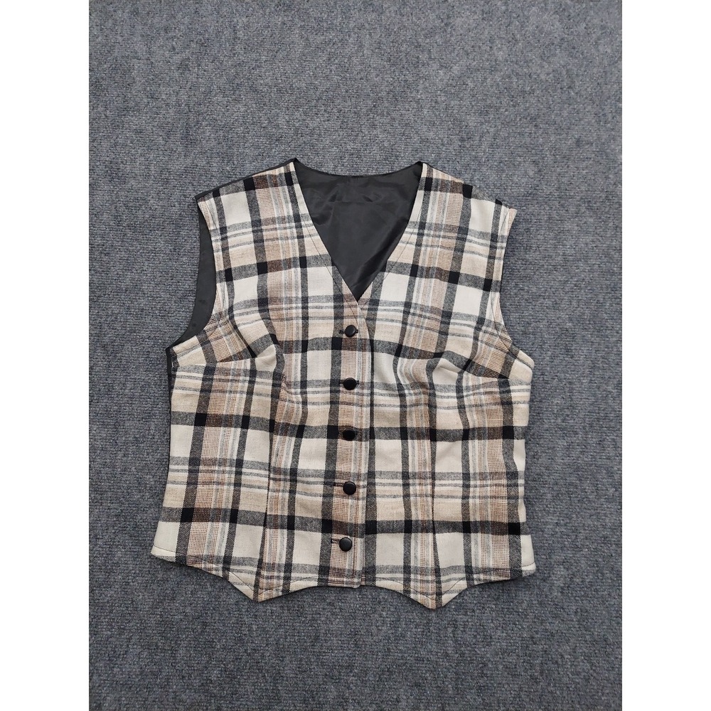 Vintage Vest Womens 14 Tan Black Plaid Reversible Union Made 5 Button Wool Blend